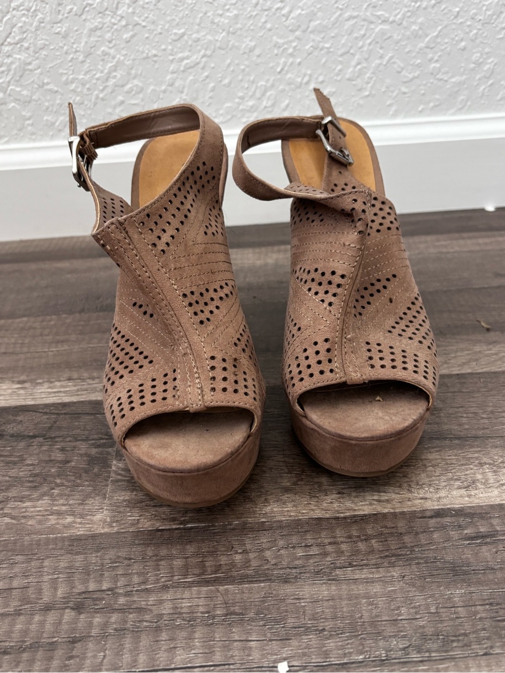 Chinese Laundry Taupe Perforated Peep-Toe Wedge Sandals